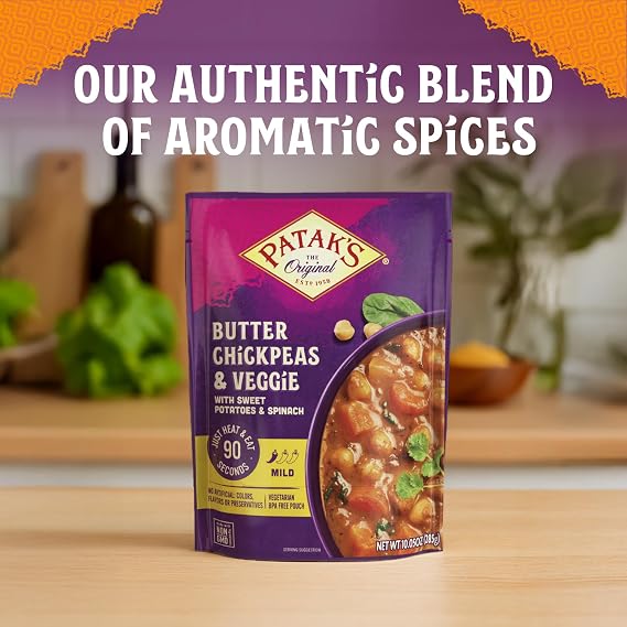 Pataks Butter Chickpeas & Veggies - Vegetarian Ready to Eat Meal - Mild Indian Curry w/Chickpeas, Spinach & Veggies - Microwave Meal for Quick Dinners - Serve with Rice or Naan - 10.5oz (Pack of 6)