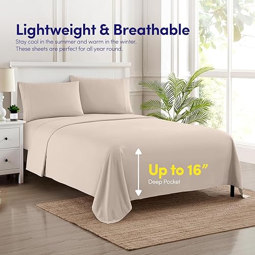 Miniatura 8 de Juego de sábanas de tamaño king dividido de la colección 1500 Supreme, color beige, juego de sábanas extrasuaves con esquinas profundas, ropa de