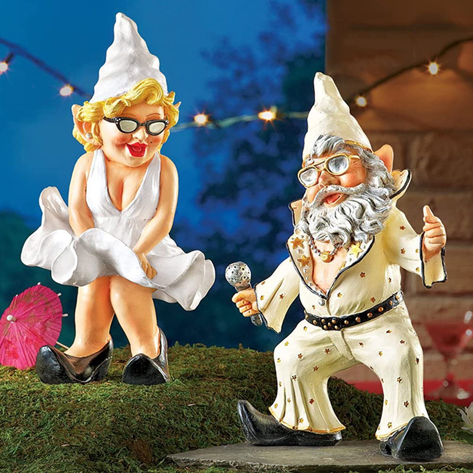Specjalna statua krasnala ogrodowego, 2-częściowy zestaw rzeźb muzycznego krasnala ogrodowego, miniaturowe bajkowe dekoracje ogrodowe, zabawne figurki z żywicy na zewnątrz na trawnik przydomowy Pati