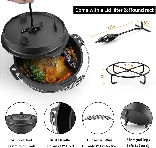 Miniatura 4 de HaSteeL Horno holandés de hierro fundido de 7 cuartos de galón, olla grande 2 en 1 presazonada y sartén con tapa, utensilios de cocina pesados