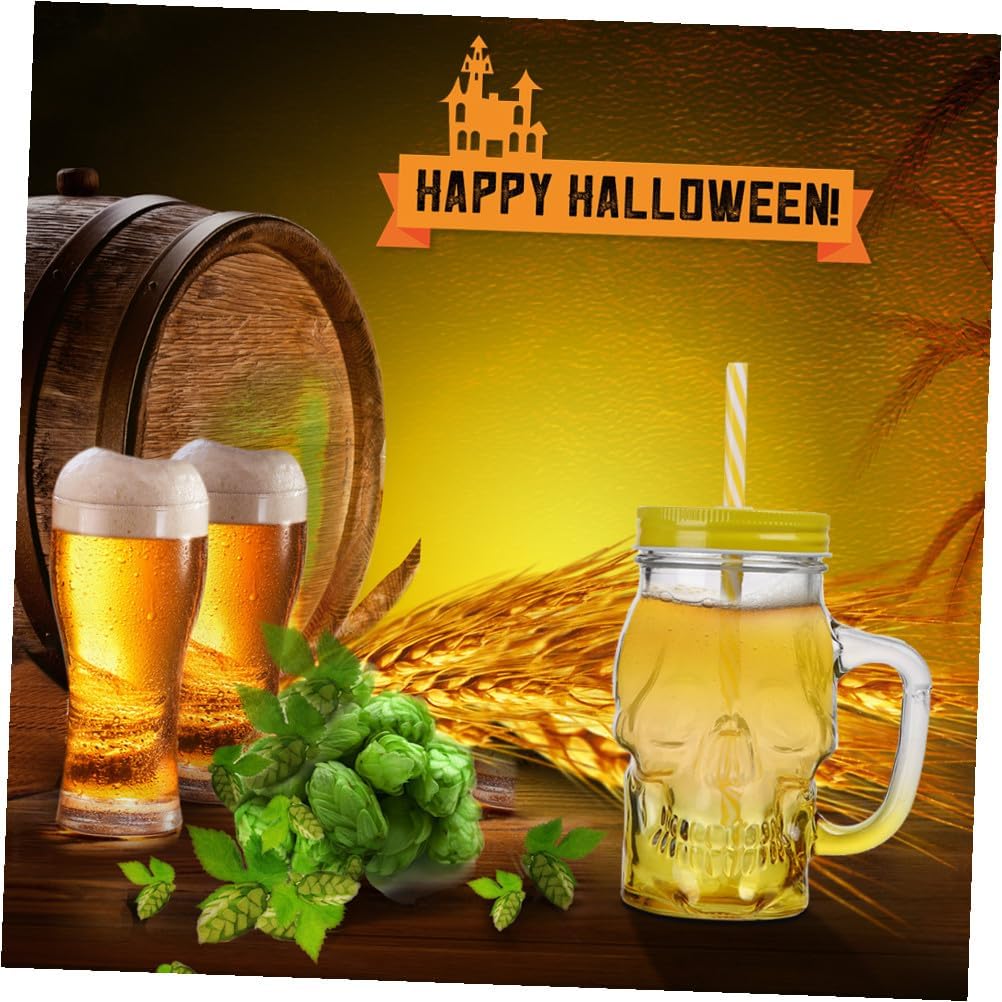 Halloween Skull Glass Beer Mugs with Handle 500ml Gradient Yellow Glassware Set of 2 Party Drinkware for Halloween Beer and Beverage Random Color