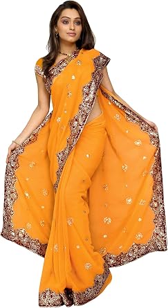Indian Trendy Womens Bollywood Sequin Embroidered Sari Festival Saree Unstitched Blouse Piece Costume Boho Party Wear