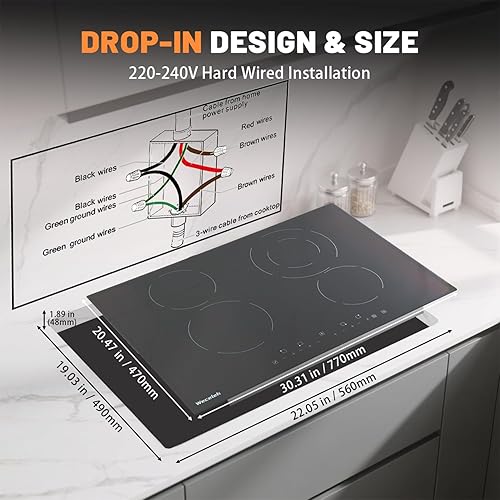 Miniatura 6 de Weceleh Estufa eléctrica, estufas de cerámica integradas de 30 pulgadas de 6400 W, estufa eléctrica con 4 quemadores de 220 a 240 V (sin enchufe), 9