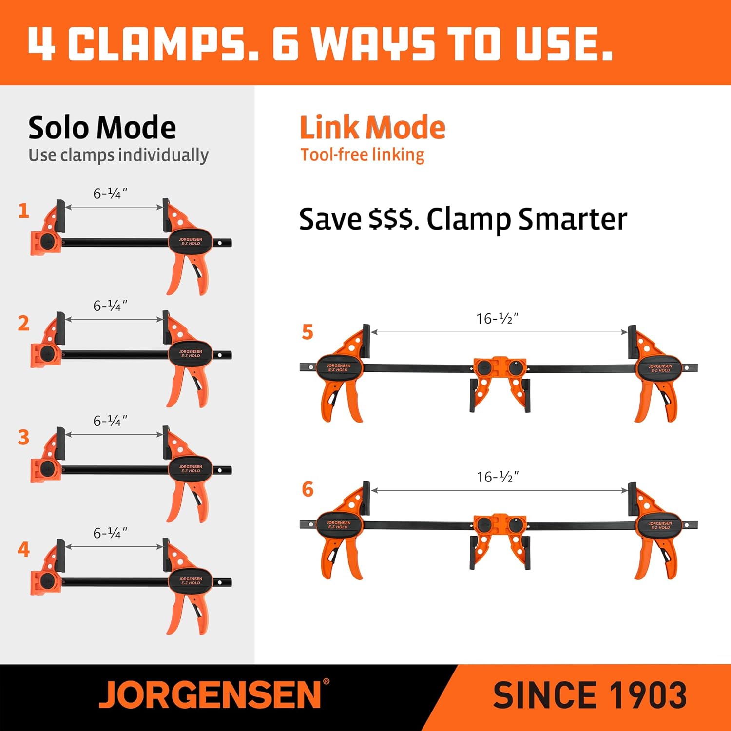 Jorgensen 6" Bar clamps for woodworking - 4-Pack, One-Hand Light Duty E-Z Hold Spreader Clamp, 200 lbs Capacity, Versatile and Easy-to-Use Design