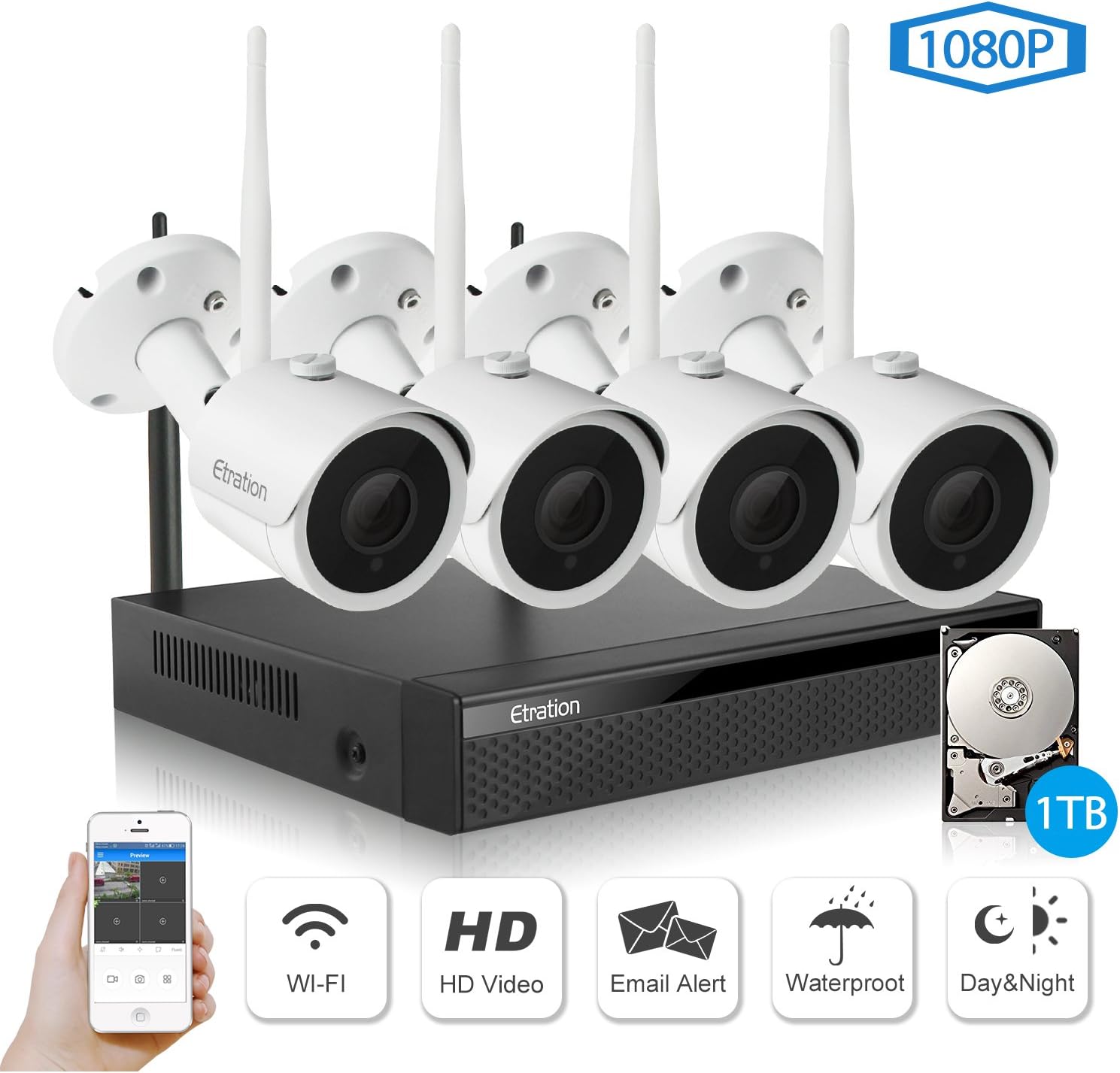 Wireless Home Security Camera System, Etration 4 Channel 1080P Full HD Video Security System, 4pcs 1080P Indoor/Outdoor Wireless Bullet IP Cameras with Night Vision, WIFI NVR Kits,1TB HDD