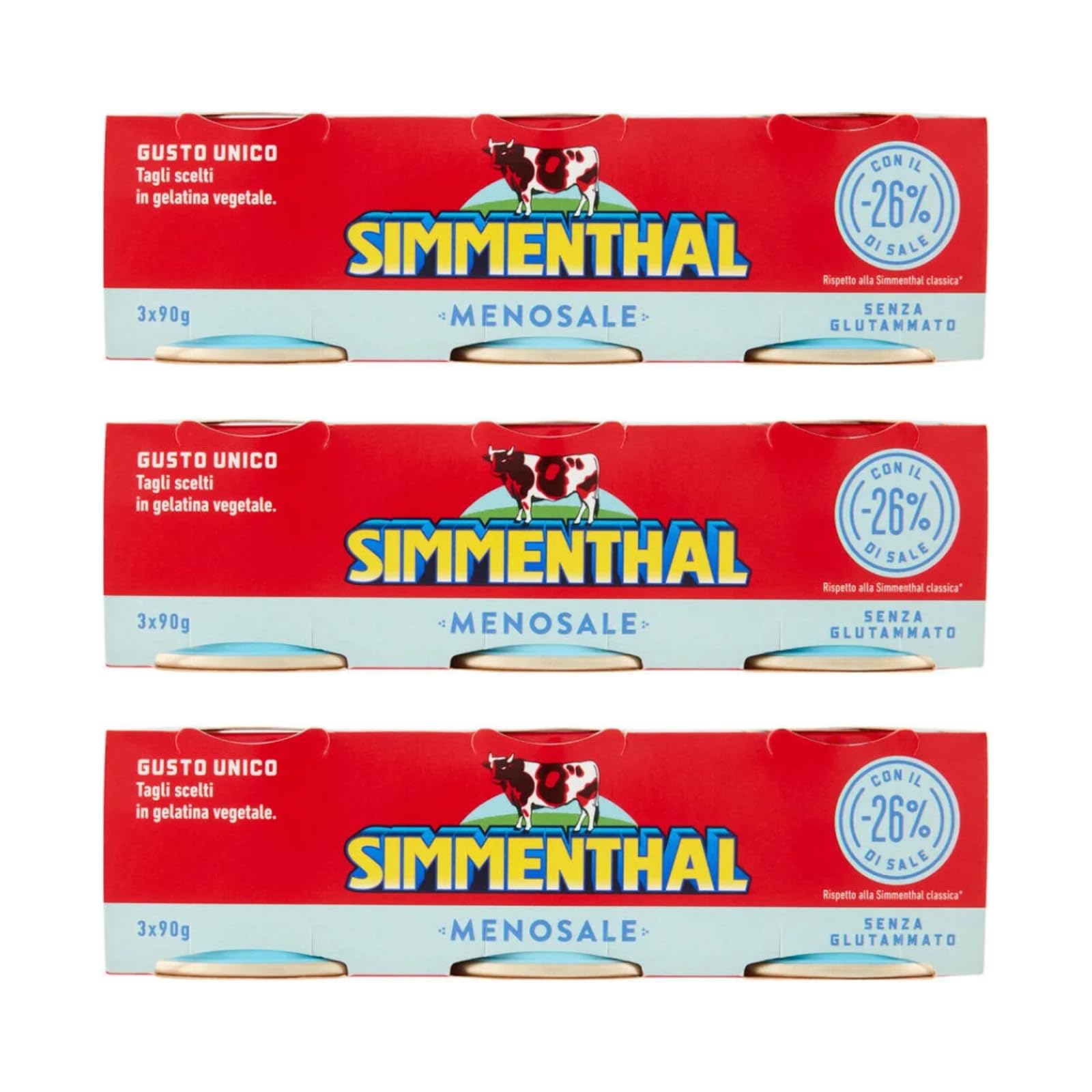 Simmenthal Meno Sale Carne in Gelatina Vegetale, 3 Confezioni da 3x90g (Totale 9 Lattine Singole) - 26% di Sale in Meno alla Versione Classica