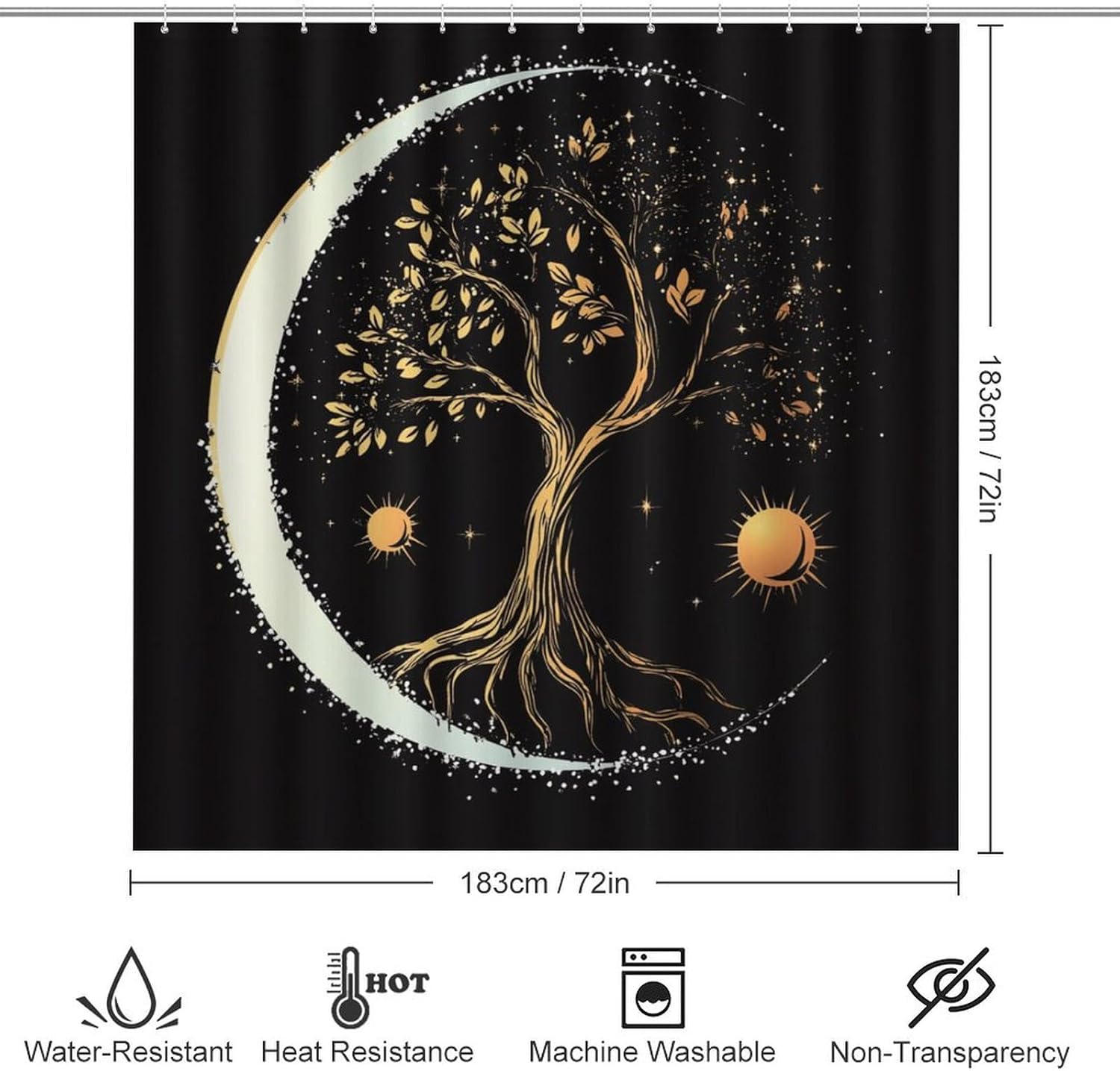 4pcs Golden Sun Shower Curtain Set with Rugs, Toilet Lid Cover and Bath Mat, Tree of Life Moon Bathroom Curtains Decor Shower Curtains, 72" X 72"