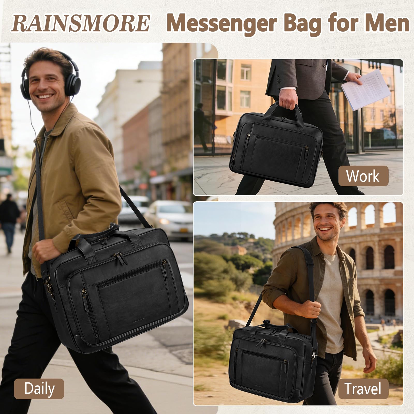 RAINSMORE Portafolios para Hombre, Maletin para Laptop 16 Pulgadas, PU Piel Maletín Grande para Trabajo, Oficina Universidad Vieja Escuela