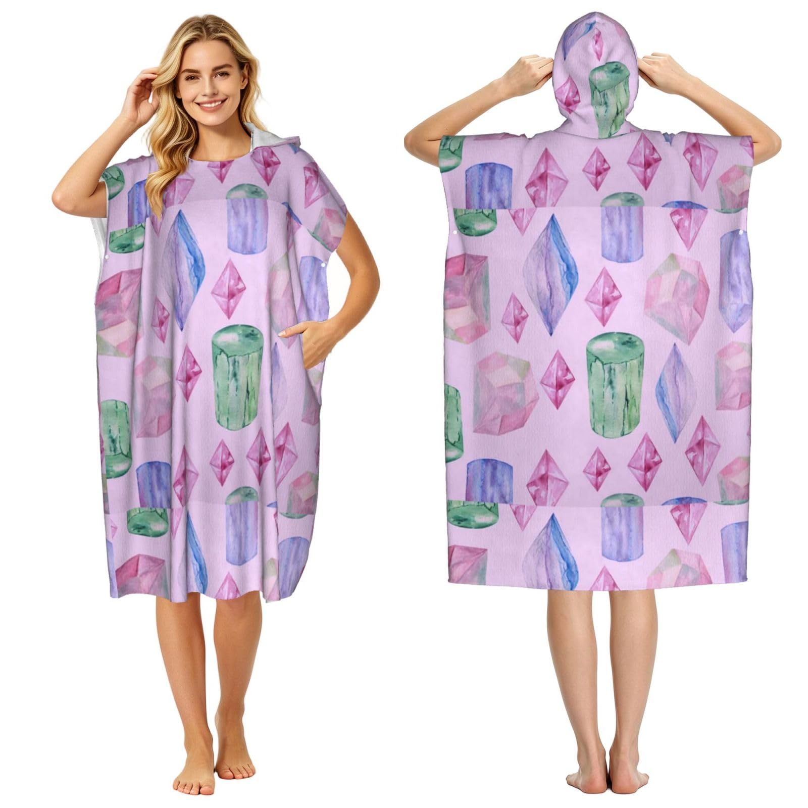 Poadnly Bright Crystals And Gems, Adult Hooded Beach Towel 90 x 110 cm,Changing Bath Robe, Surf Poncho Towel For Women Men