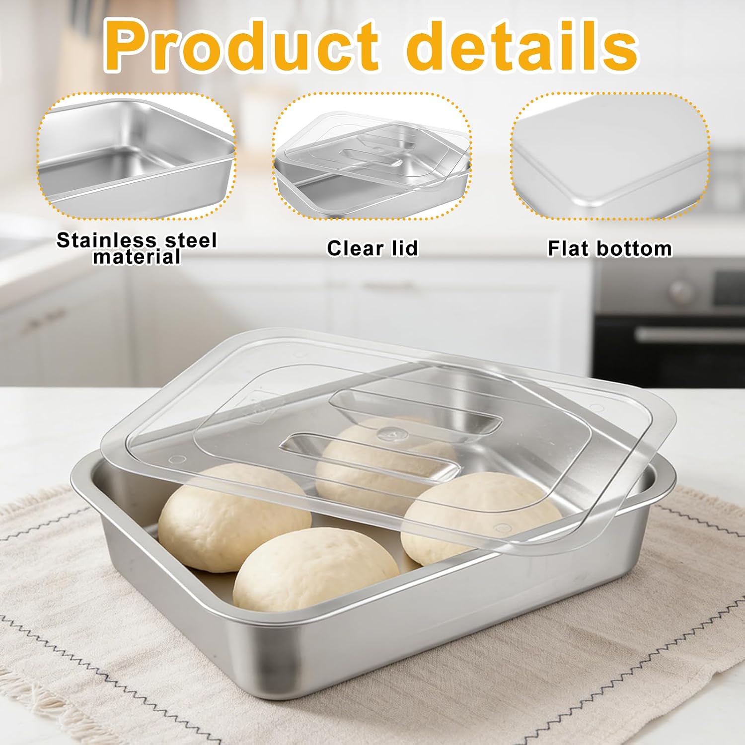 2 Pcs Pizza Dough Proofing Box -14.1x10.6 Inch Stainless Steel Pizza Dough Trays with Clear Lid, Household Pizza Bread Proofing Storage Container, Fits 4-6 Dough Balls