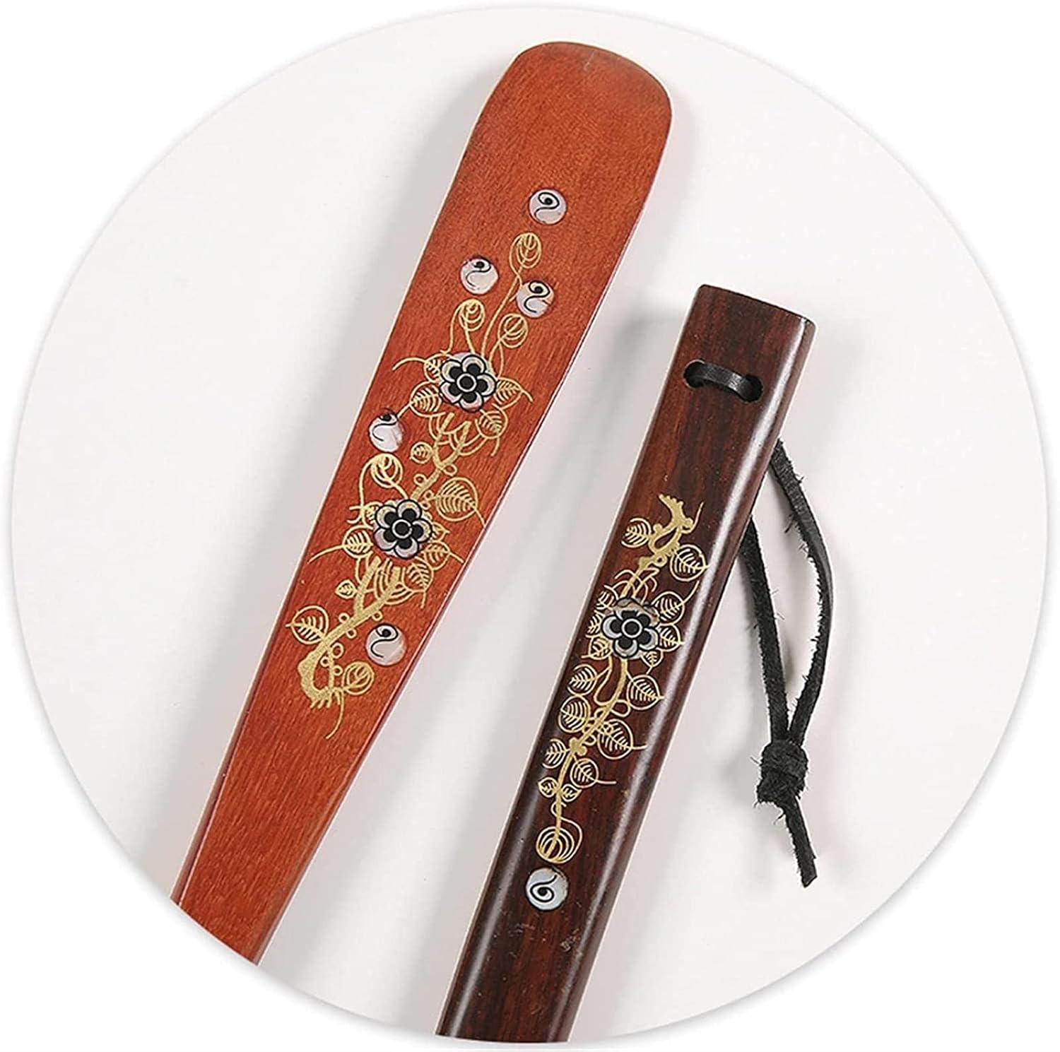With Lanyard Wooden Shoe Horn for Kids and Adults Gold Flower Inlaid Shells for Sneakers Travel Shoes Boots (55 cm Ebony) image 2