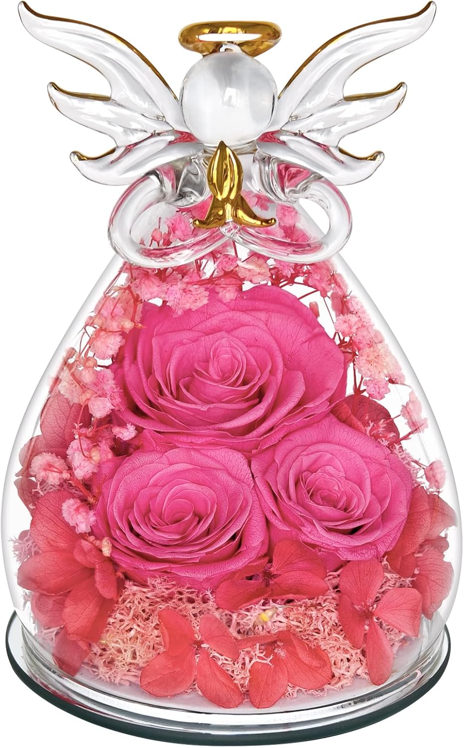 Preserved Rose Gifts for Women Birthday, Forever Flower in Glass Angel Figurines Fresh Flowers for Delivery for Mom Real Colorful Roses for Grandma Sister Wife Her from Daughter-Red (Pink)