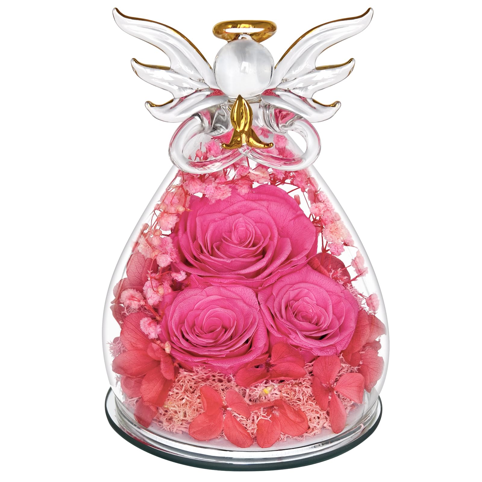 Rose éternelle sous verre avec figurines d'ange pour cadeau d'anniversaire maman et sœur