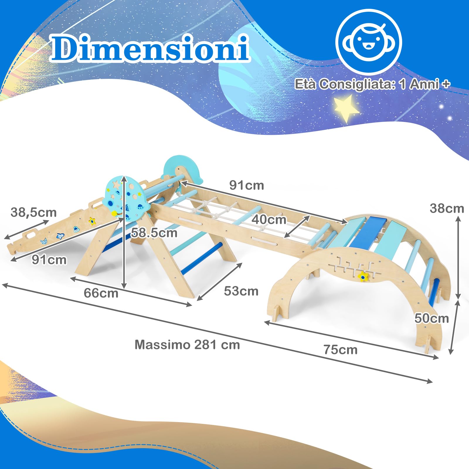 RELAX4LIFE Set da Arrampicata per Bambini, Triangolo di Arrampicata con Scivolo e Arco, Gioco di Incastri in Legno, Gioco Montessori per Bambini 1+ Anni (Astronauta-4 Pezzi | Blu)