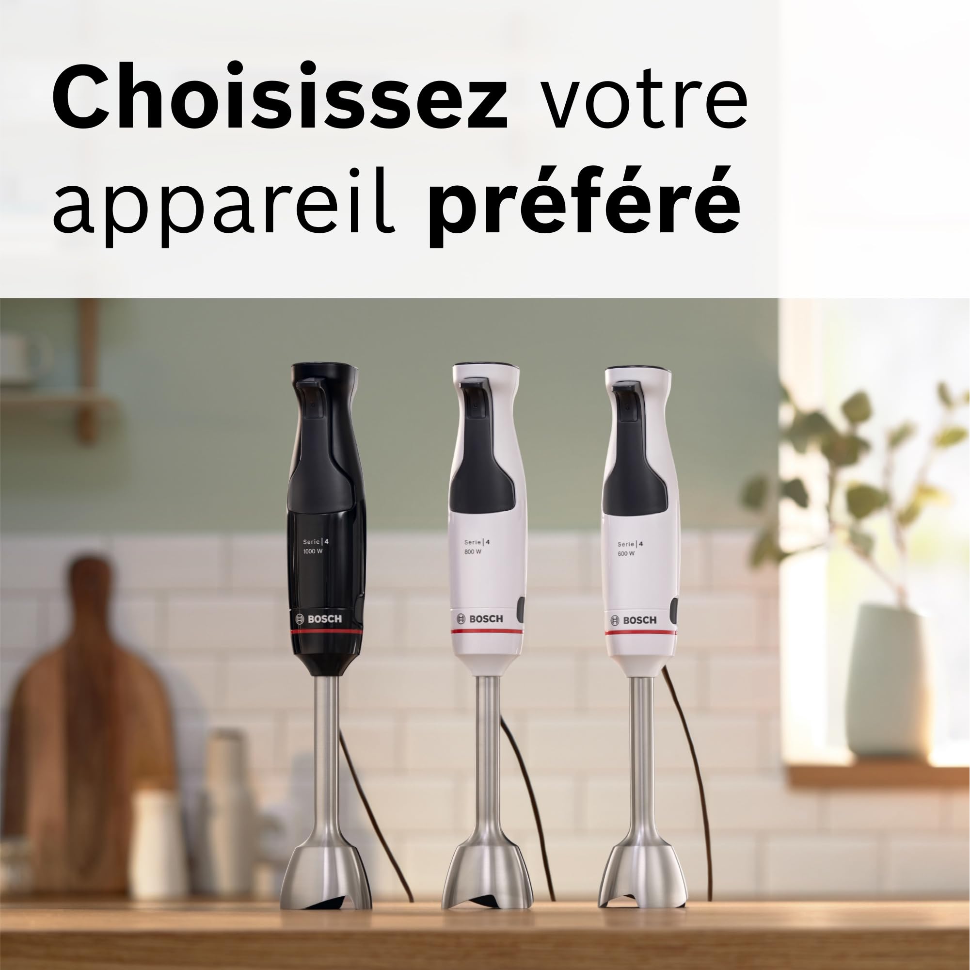 Bosch, mixeur plongeant, ErgoMaster Série 4, moteur 600 watts, variateur de vitesse, système de mixage QuattroBlade, accessoires inclus, blanc, MSM4W210