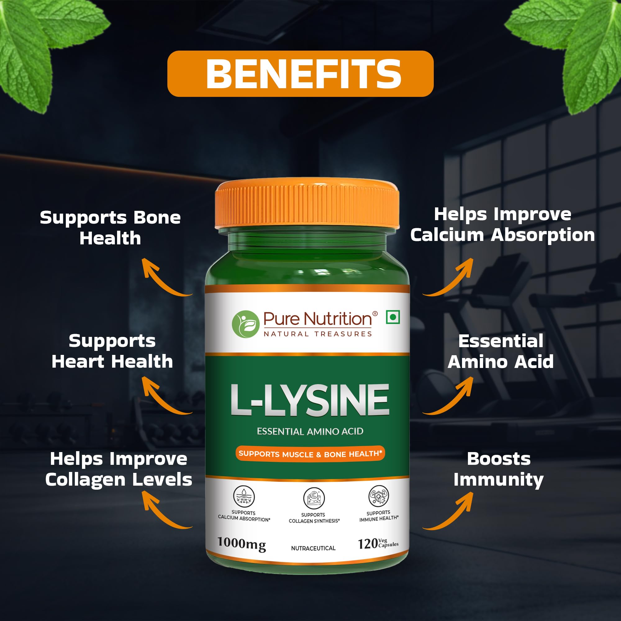 Pure Nutrition L-Lysine 1000mg – 120 Veg Capsules | Essential Amino Acid Supplement | Supports Muscle & Bone Health, Calcium Absorption & Collagen Synthesis 1