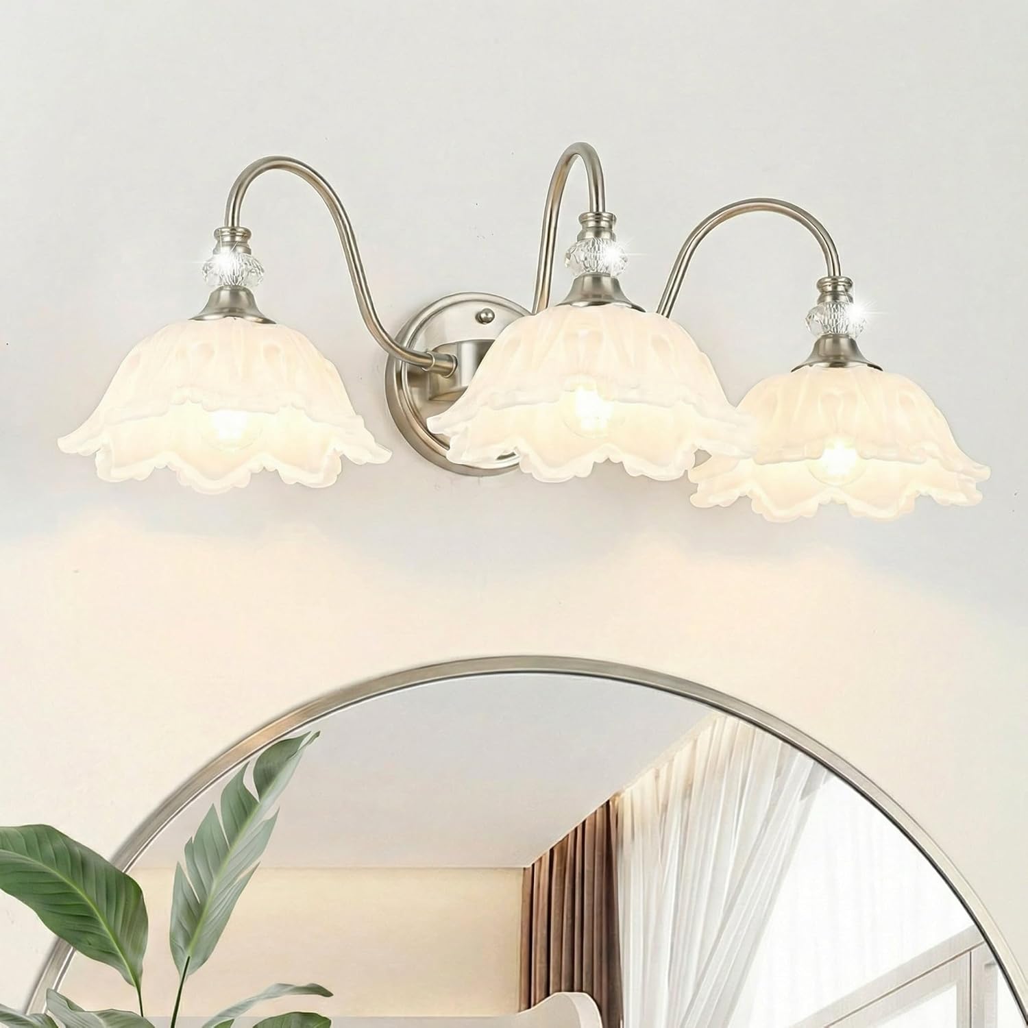 Brushed Nickel 3-Light Bathroom Vanity Light with Floral White Glass Shades, Brushed Nickel Wall Mount Lighting for Bathroom, Dressing Table