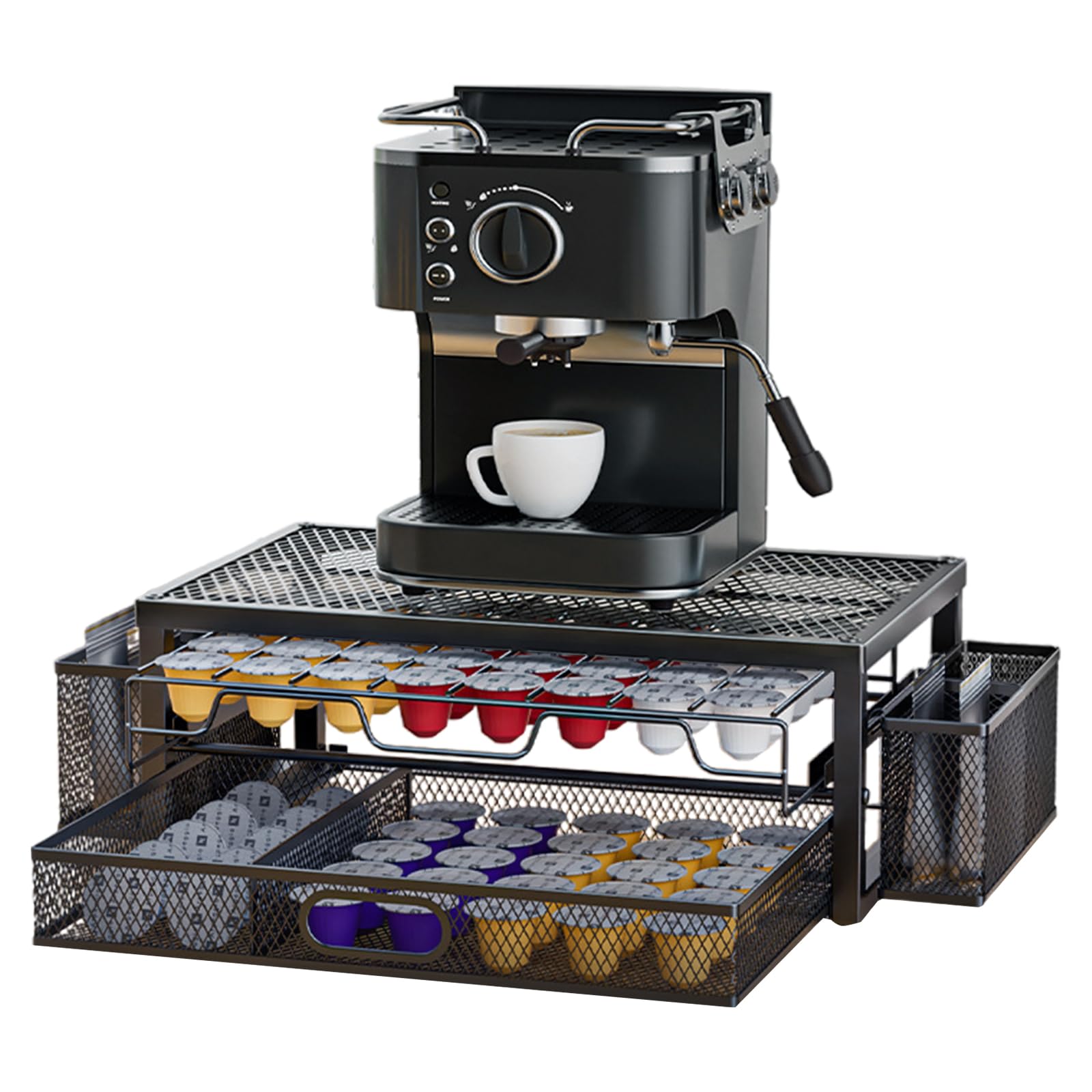 2-Tier Coffee Pod Storage Drawer, 63-83 Capsules Storage Drawer Organizer for K-Cup, Nespresso VertuoLine & OriginalLine, with Side Baskets for Spoons/Straws, Metal Stand with Non-Slip Feet