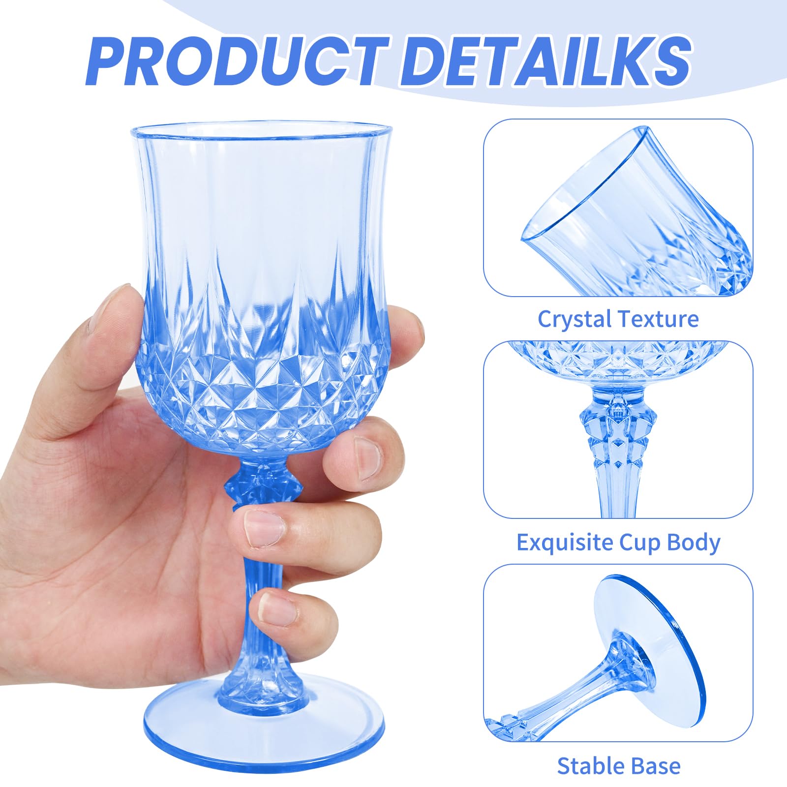 Lot de 48 verres à vin en plastique bleu clair, verres à vin vintage en plastique pour fêtes, verres à eau réutilisables pour réception de mariage, grand événement