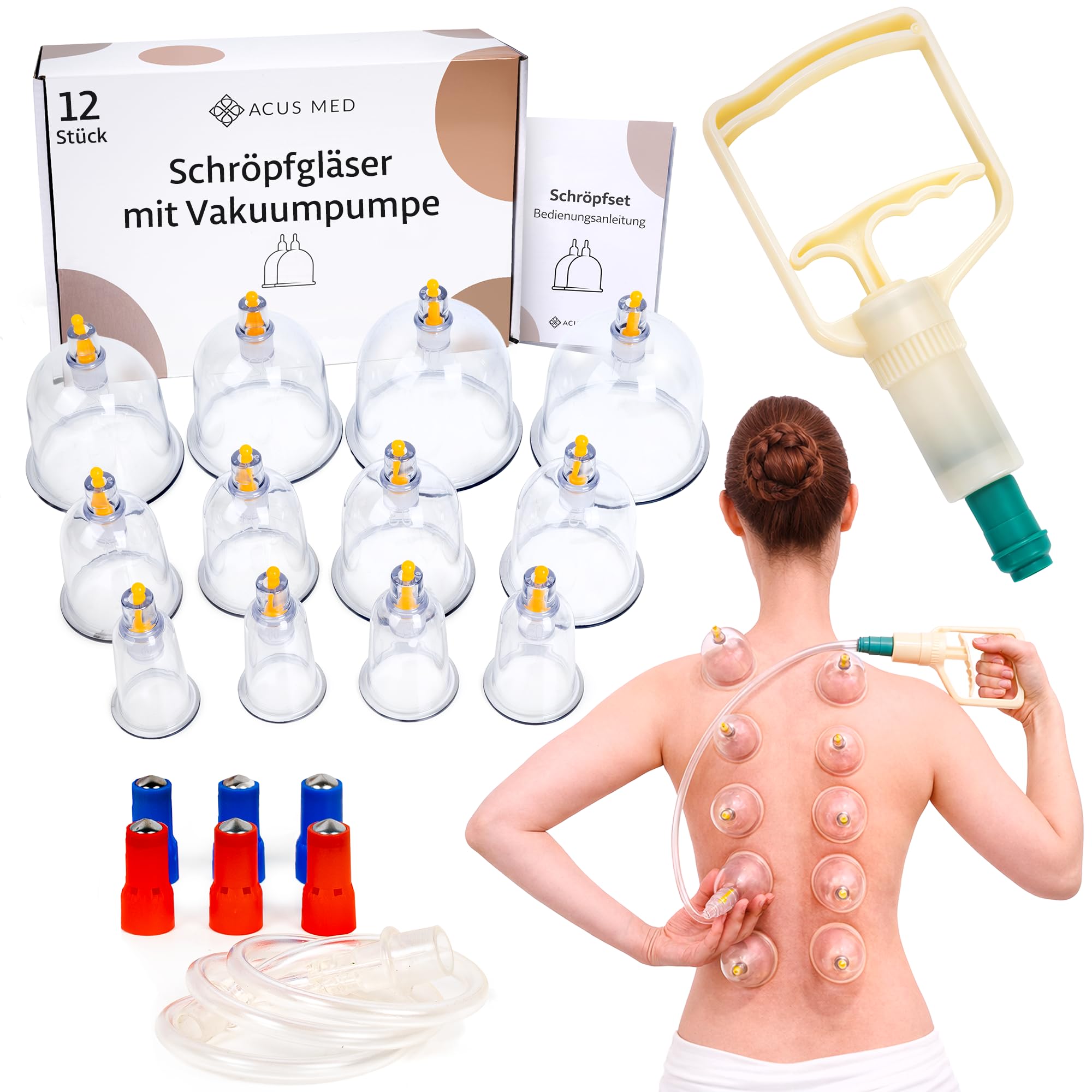 Schröpfgläser Set mit Vakuumpumpe 12 Stück - Schröpfset mit 6 Therapiemagneten - für Gesicht und Körper zur Gegen Cellulite, Spannung und Entspannen Muskeln