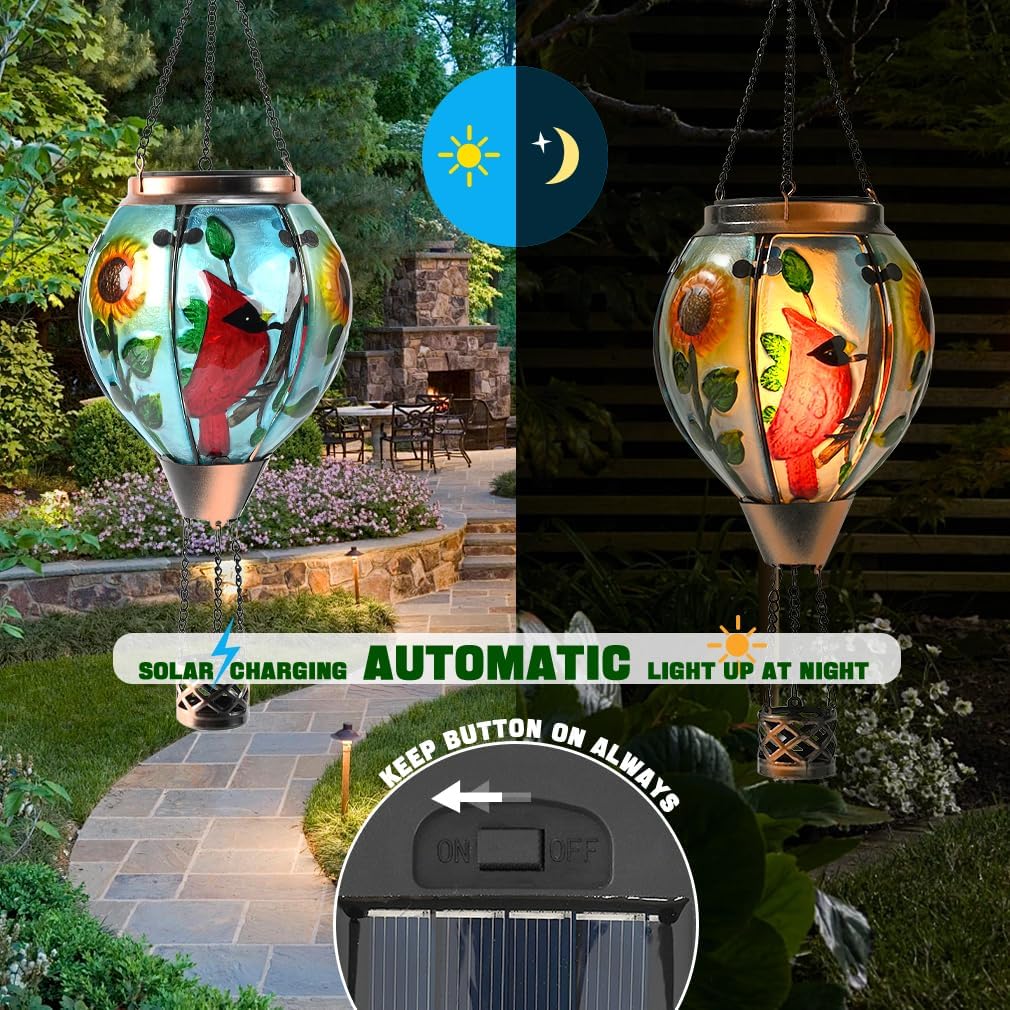 Hot Air Balloon Solar Lantern - Cardinal Bird Glass Lantern, Simulated Flickering & Dancing Flame, Outdoor Hanging Yard Light Waterproof IP65 for Patio Lawn Porch Decor Gift