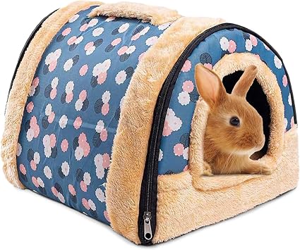 kathson Rabbit Bed Tent Sleeping House Warm Fleece Hideout Foldable Cave Winter Hut for Rabbits Chinchillas Guinea Pigs Ferrets Hedgehogs Hamsters Rats and Cats Dark Blue