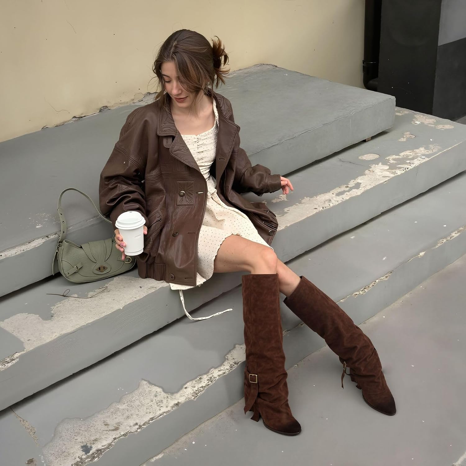 Wide Calf Knee High Boots For Women Fold Over Slouchy Round Toe Buckle Tall Shoes - Image 4