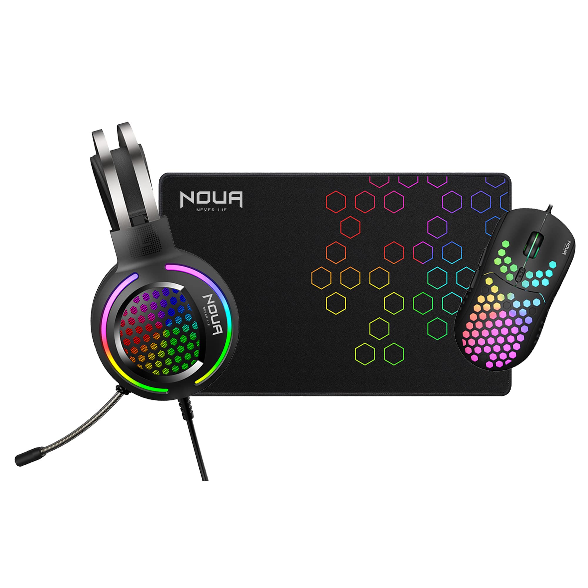 Noua Uranus Kit Gaming 3 in 1 Mouse + Cuffie + Tappetino - Combo per PC Mouse RGB 7200 dpi, Cuffie con Microfono, Tappetino per Mouse