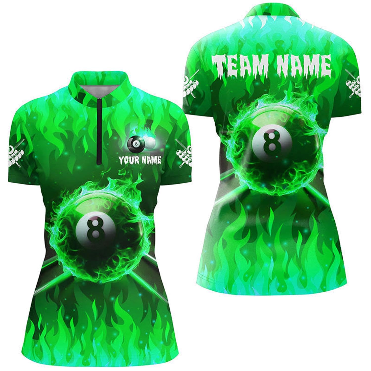 Personalized Purple 3D 8 Ball Pool Cue Fire Women Quarter Zip Shirt Custom Billiard Apparel T1436