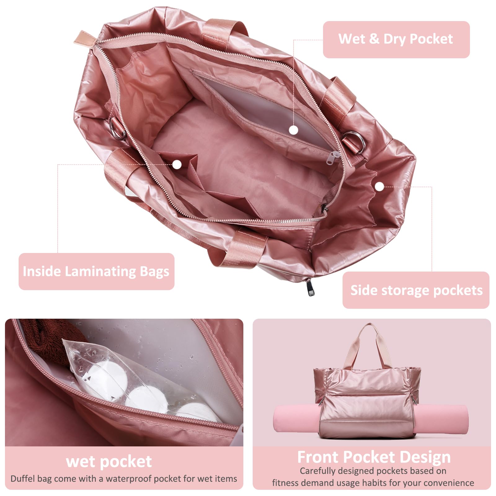 Balakaka Borsa Mano da Donna 35L con Cerniera, 3 in 1 Grande Puffer Tote Bag con Tasca Bagnata e Asciutta, Impermeabile Borsa da Trasporto Trapuntata per Palestra Nuoto Shopping