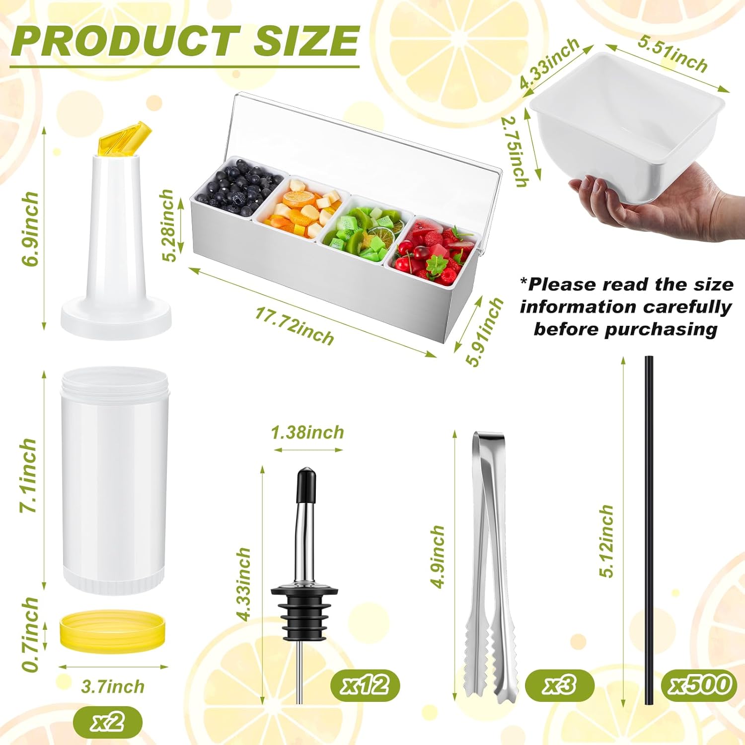mifoci bartending supplies garnish tray with lid bar caddy 3 tier glass rimmer 12 stainless steel bottle pourers 2 juice pour bottle 1000 cocktail straw 3 serving tong(4 compartments,stainless steel) stainless steel 4 compartments