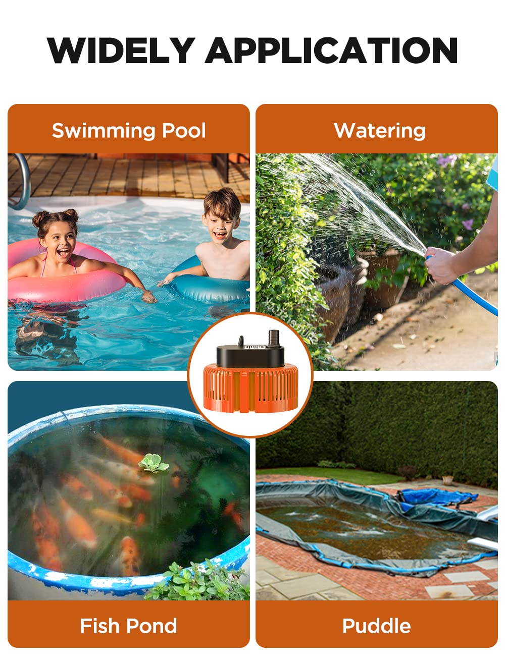 Pompe Submersible Pour Piscine, Cave, éTang, De Jardin, Pompe Piscine Avec Tuyau De Vidange Et CâBle D'Alimentation Extra Long De 25 Pieds, Pompe d'évacuation eaux claires (Orange)