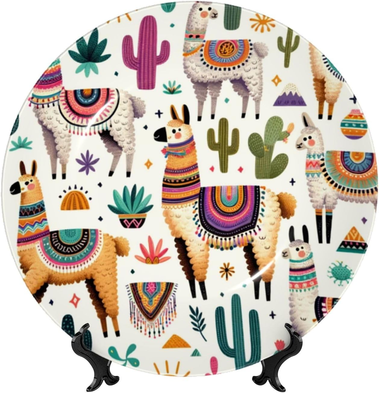 Kawaii-Llama-Cactus 10 Inch Decorative Plate With Stand, Elegant Display Wall Plate For Home Decor