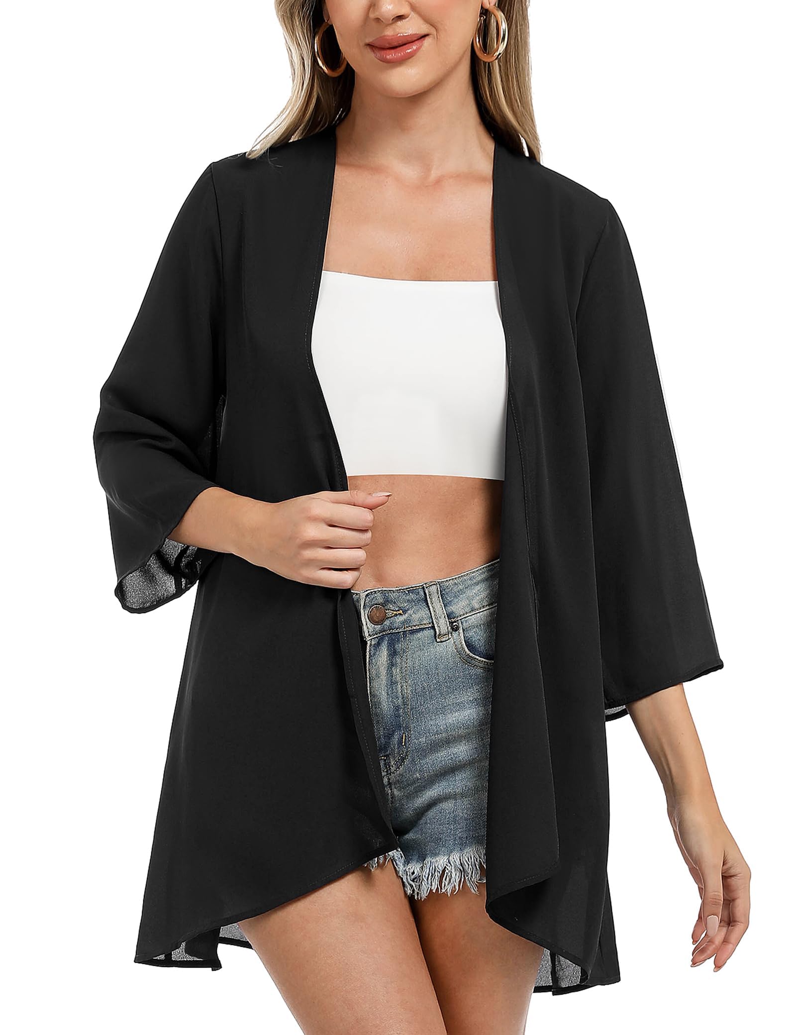 Irevial Kimono Damen Sommer Dünner Cardigan Chiffon Loose Bikini Cover Up 3/4 Arm Strand Leicht Lang Strickjack