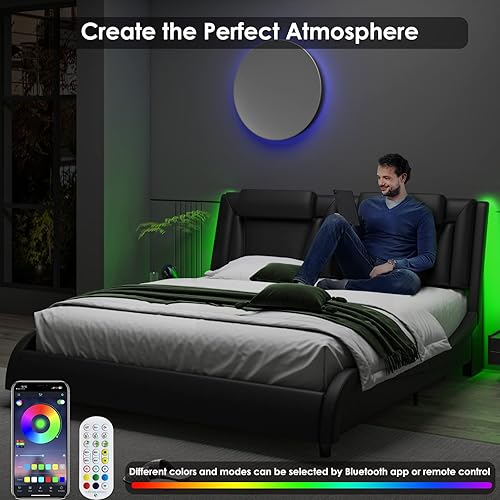Miniatura 4 de Keyluv Armazón de cama moderno tapizado con plataforma con cabecera LED ajustable y diseño de curva ondulada y soporte de listones de madera sólida,