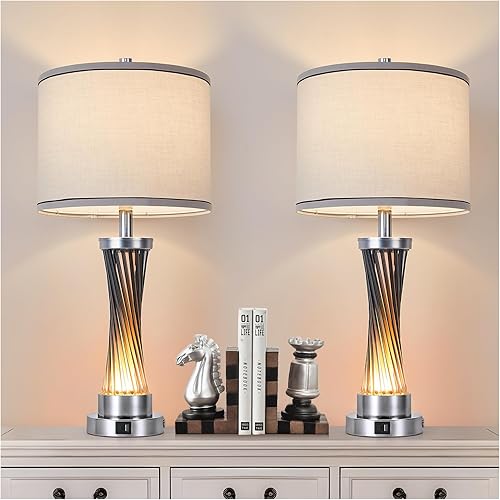 Juego de 2 lámparas de mesa regulables de 3 vías, lámpara de control táctil con luz nocturna, modernas lámparas de mesa de cristal azul para