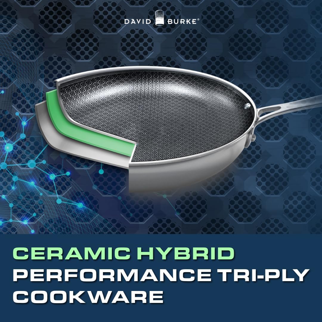 David Burke GeoClad Ceramic 12-Piece Cookware Set – Stainless Steel Sear Surface, Geometric Pattern, Tri-Ply Clad Body, PFOA-Free, Dk Gray/SS