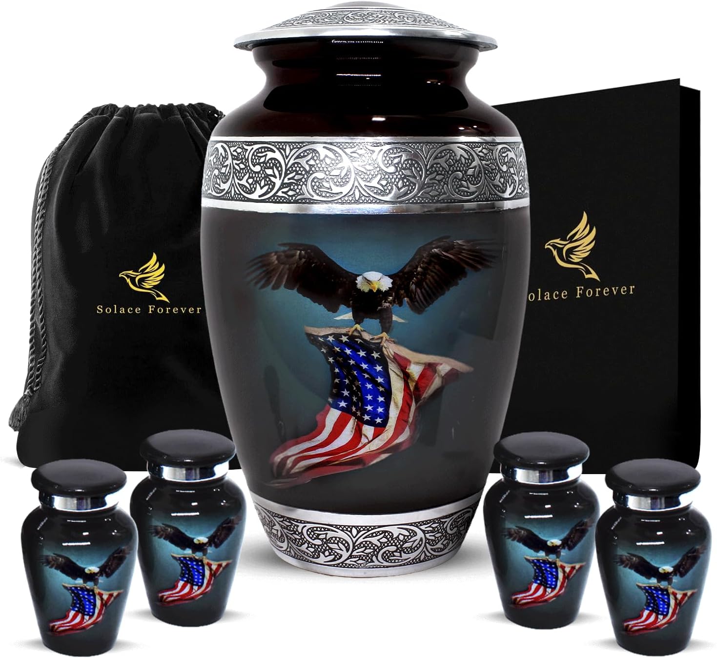 American Eagle Cremation Urns for Human Ashes Adult - 5 Piece Set - 1 Large Black Patriotic Funeral Urn & 4 Matching Keepsakes - Metal Memorial Urns Set with Velvet Bags