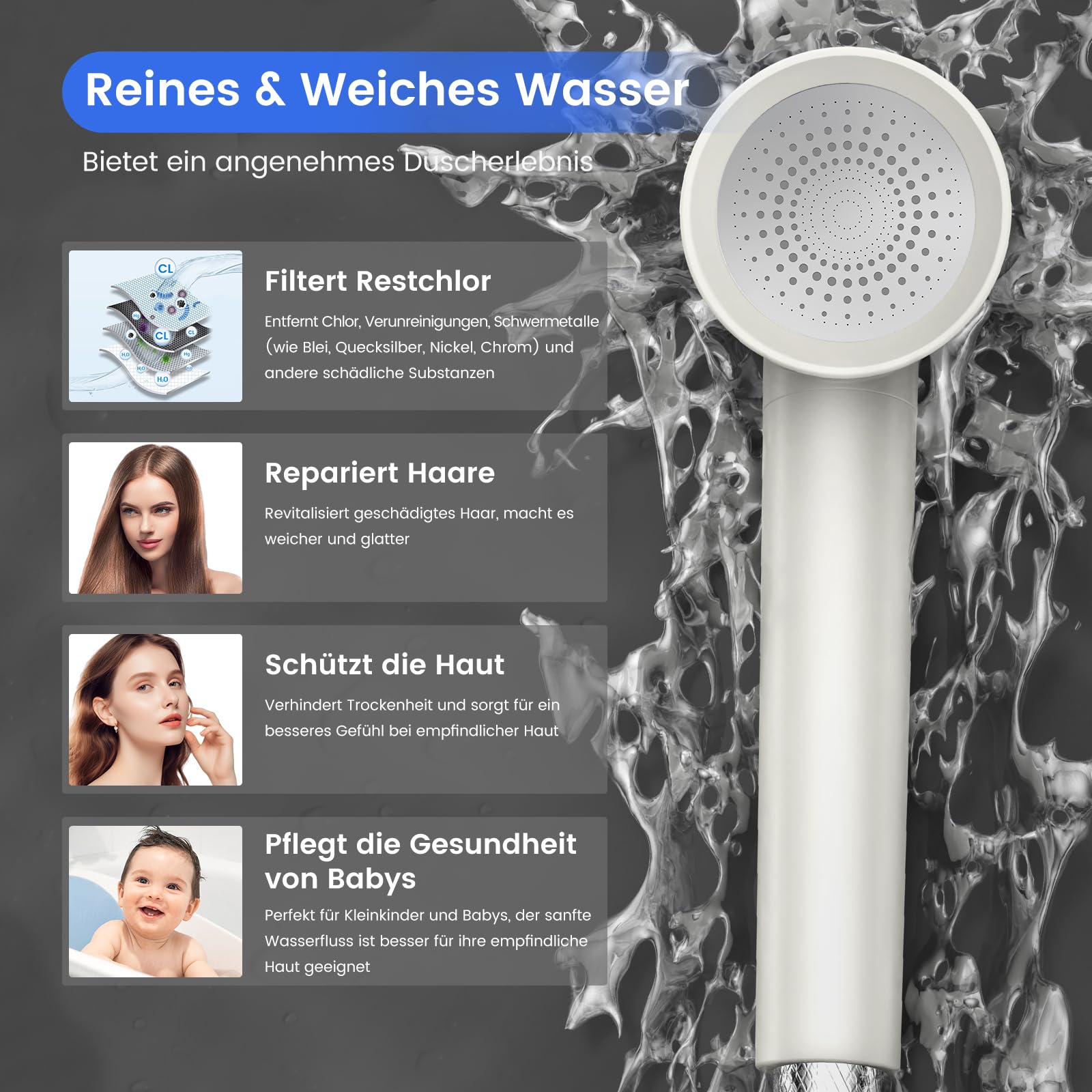 MEKO Hogedruk Douchekop met Filter voor Kalk,Waterbesparend Handdouche met 1.5m Slang,3 modi Vervangbaar Straalsoorten,Filterende Douchekoppen met Massageborstel voor doucheruimte,Donkergrijs