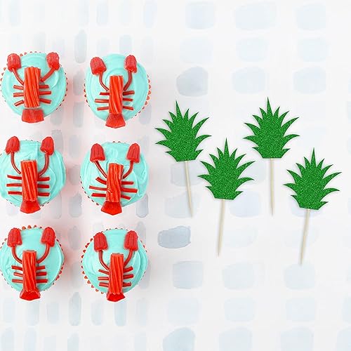Miniatura 3 de 36 piezas de adornos para cupcakes de piña verde con purpurina verde para Luau despedida de soltera, fiesta de verano tropical, decoración de