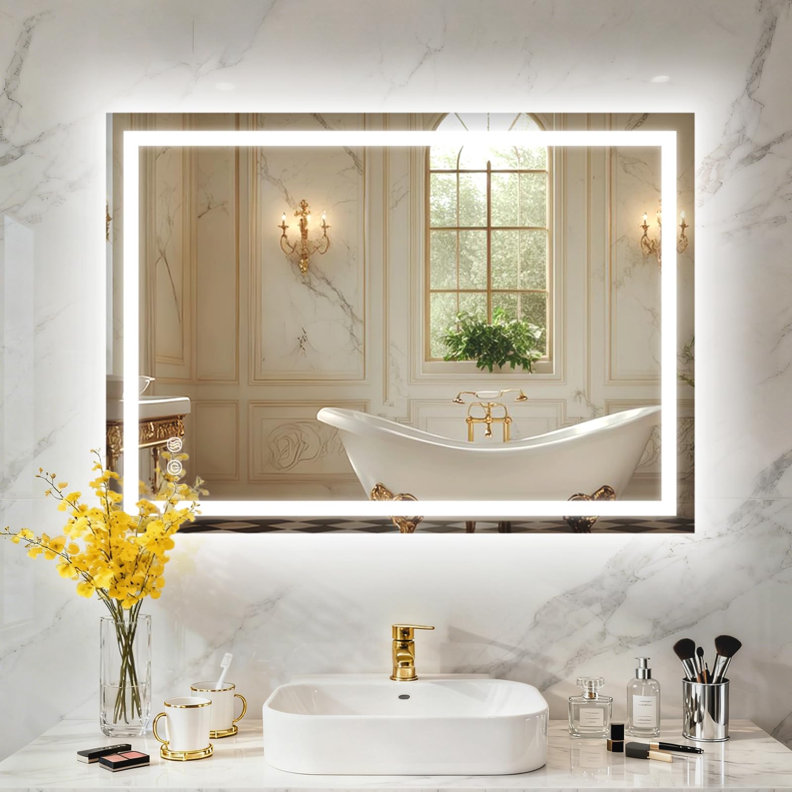TANTEC Bathroom Mirror with LED Lights 600x800mm, Anti-Fog, Dimmable, Backlit + Front Light, Lighted Bathroom Vanity Mirror for Wall, Shatterproof Tempered Glass, Memory Function, Vertical/Horizontal