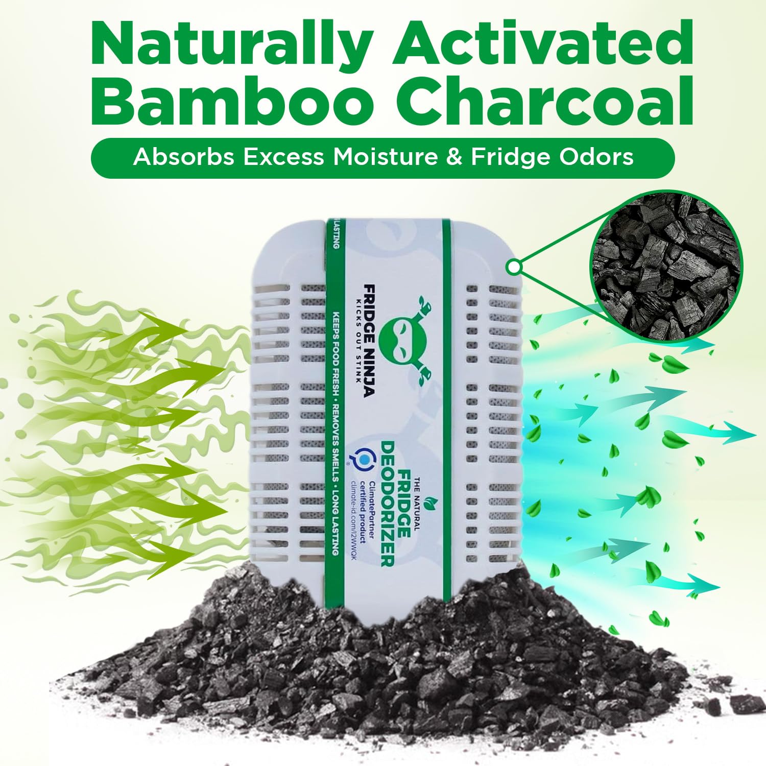 Fridge Ninja - Desodorante y ambientador para nevera, carbón activado natural sin perfume, dura 12 meses, eliminador de olores, absorbente de olores, accesorios para nevera para frescura, tamaño XL