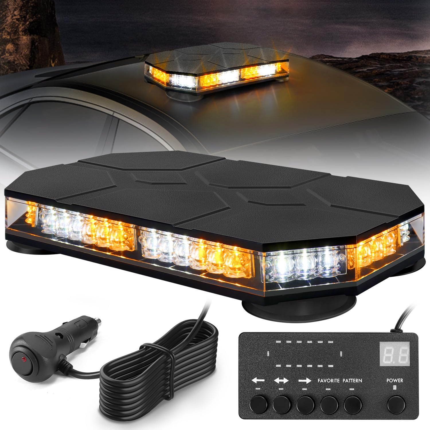 Rotativo Luz LED Estroboscópica, 12V-24V Amarillo & Blanco Luz de Emergencia con 20 Imanes Resistentes para Vehículos de Construcción Carretilla Elevadora Tractor Remolque Quitanieves