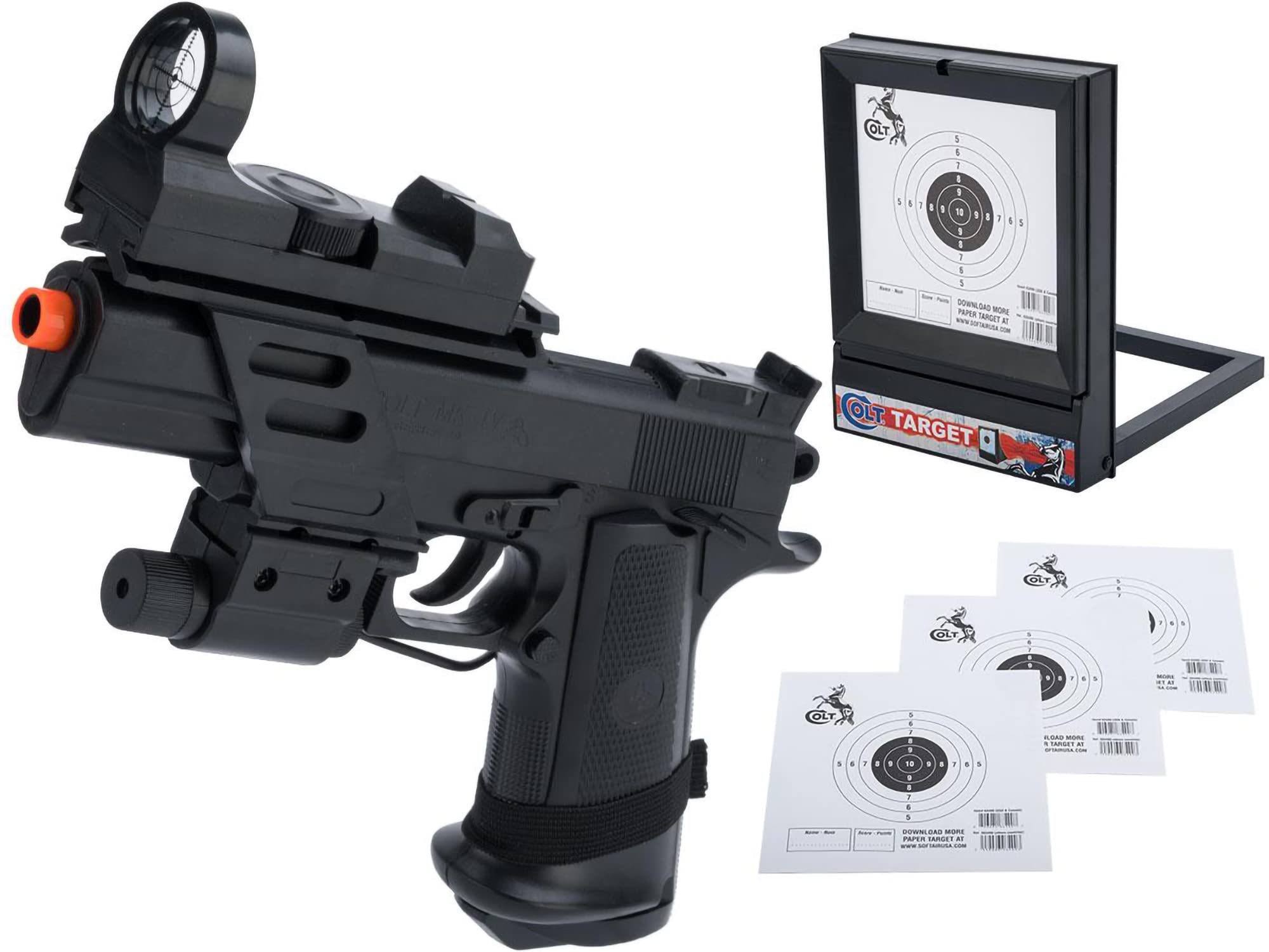 Evike Airsoft - Colt Licensed MK IV Spring Powered Airsoft Pistol with Pointer and Red Dot - Airsoft Pistol/Target Package