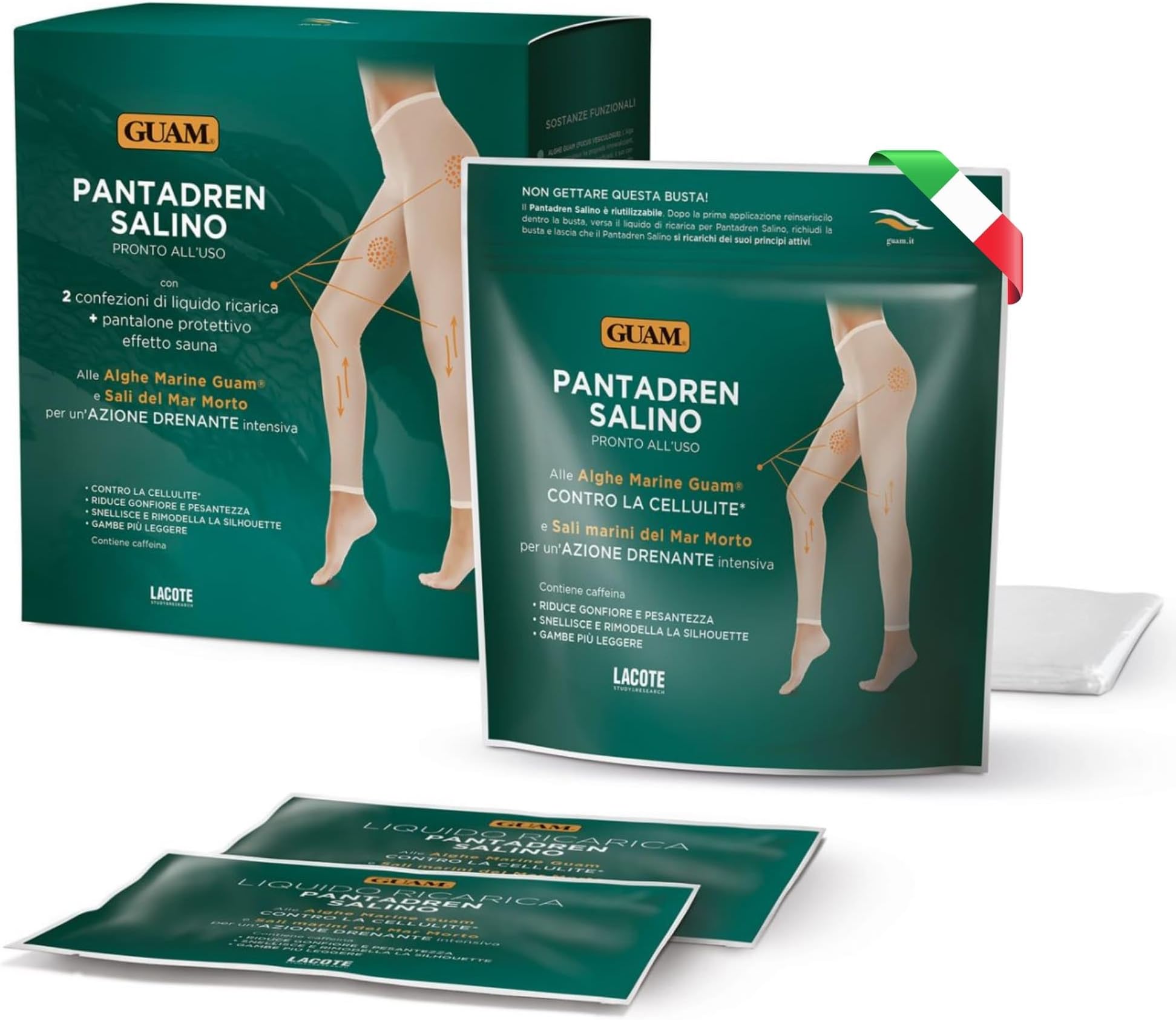Guam Pantadren Salino Anti Cellulite Draining Treatment with Dead Sea Salts and Seaweed, Reusable Slimming Leggings and Sauna Pants for Legs, Thighs & Buttocks, 3 Treatments for Smoother Looking Skin