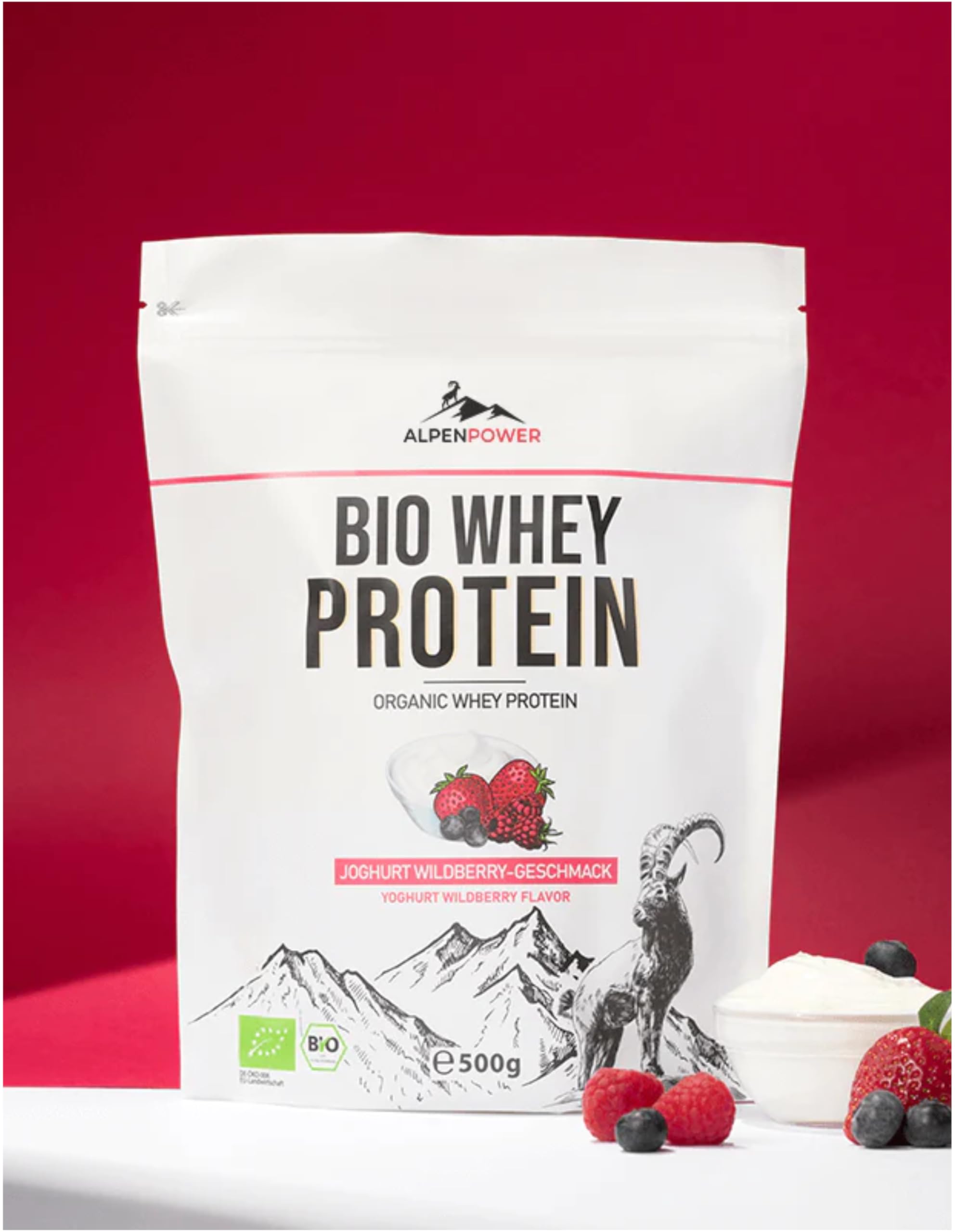AlpenPower BIO WHEY proteine ​​gusto Yogurt e frutti di bosco 1 kg - Ingredienti 100% naturali e senza additivi - Prodotto con il miglior latte alpino biologico - Polvere proteica CFM di alta qualità