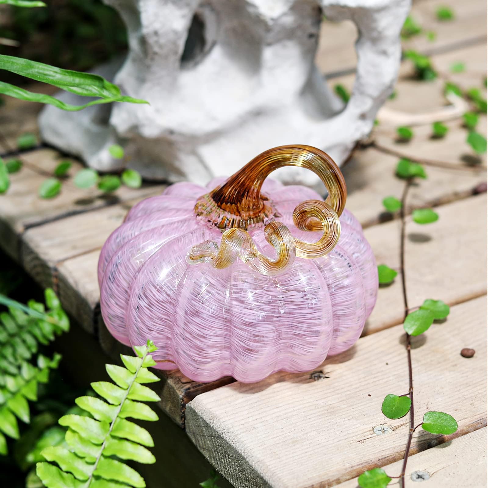 LONGWIN Hand Blown Glass Pink Pumpkin Figurines 5.2 x 3.7 Inch Crystal Fake Pumpkin Home Decor Collectible Figurine Home Decorations for Tabletop Halloween Thanksgiving - Image 4
