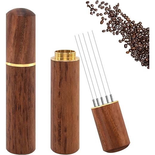 Zayin Espresso Coffee Stirrer, Distribution Tool, 5 Needles 0.4mm, Natural Wood Handle and Stand