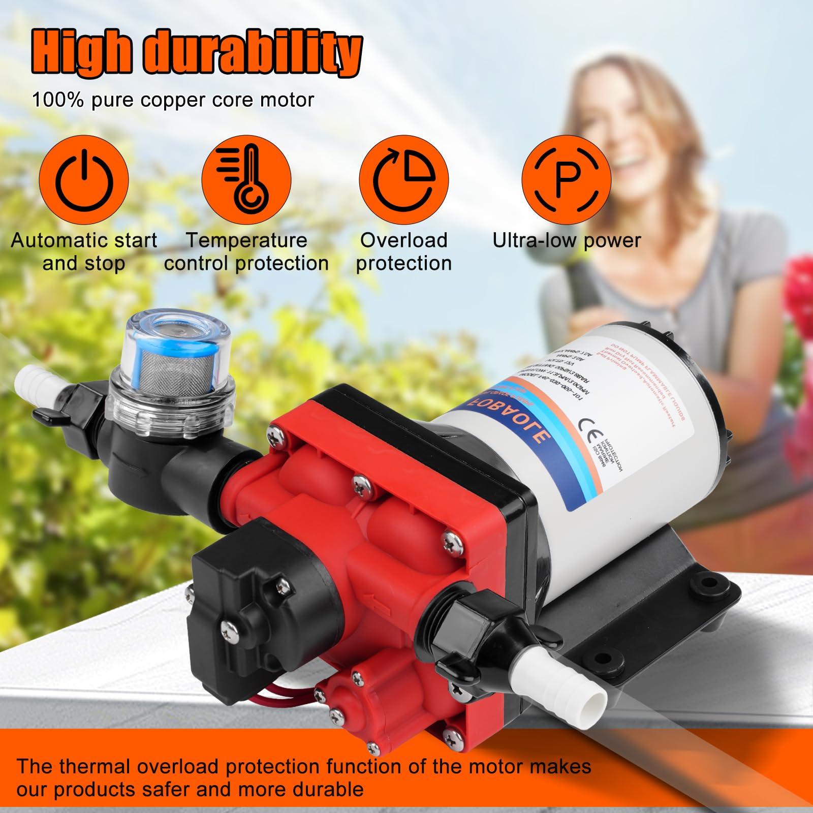 Pompa membranowa, DC 12 V, wysokociśnieniowa pompa wodna, 55 psi, 5,5 GPM, 4-komorowa membranowa, przemysłowa pompa ciśnieniowa do łodzi morskich RV (1 filtr + 2 złącza)