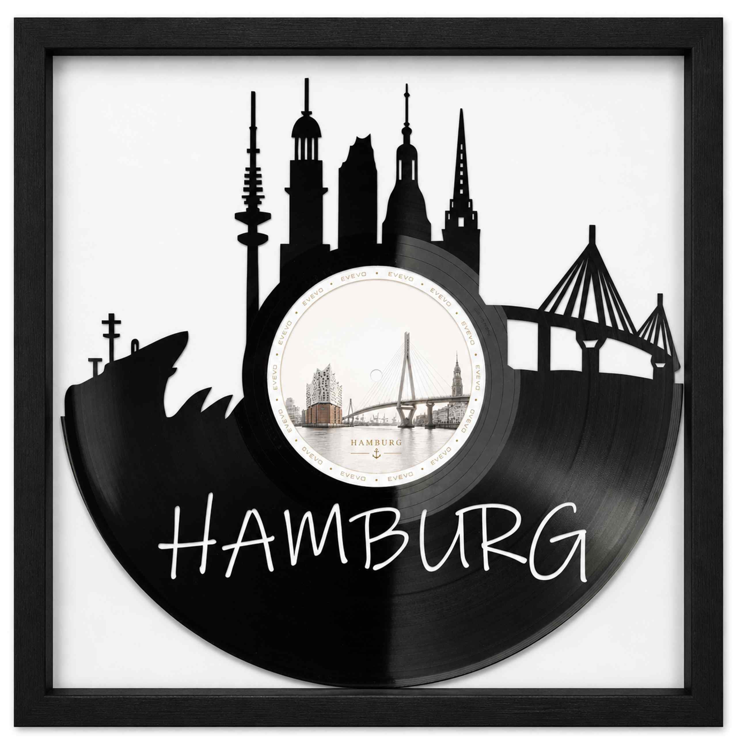 EVEVO Dekoracja ścienna z płyty gramofonowej w ramie 32 x 32 cm Hamburg – winylowa sztuka ścienna, prezent dla fanów Hamburga i podróżników